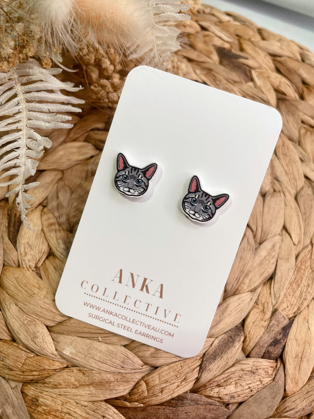 Tabby Grey Cat Stud Earrings