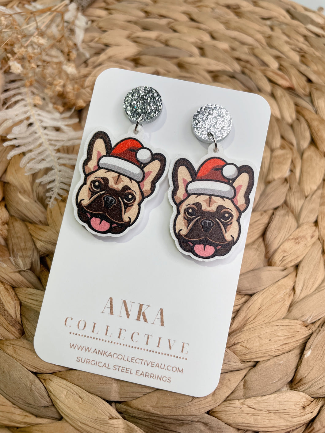 French Bulldog Dangle Christmas Earrings