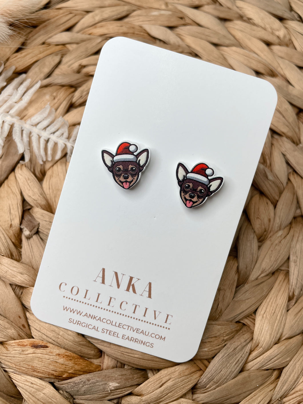 Chihuahua Brown Stud Christmas Earrings