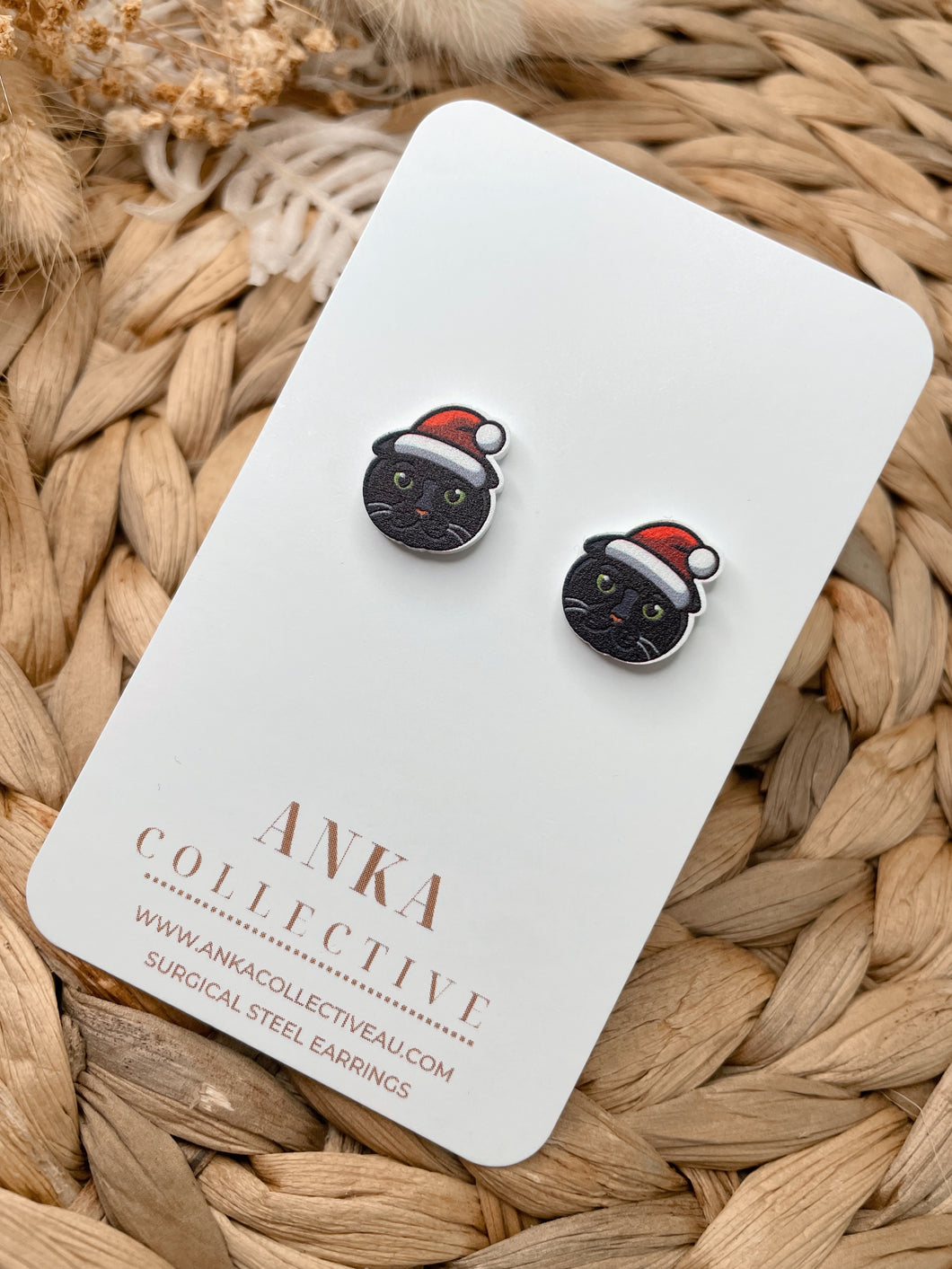 Scottish Fold Black Cat Stud Christmas Earrings