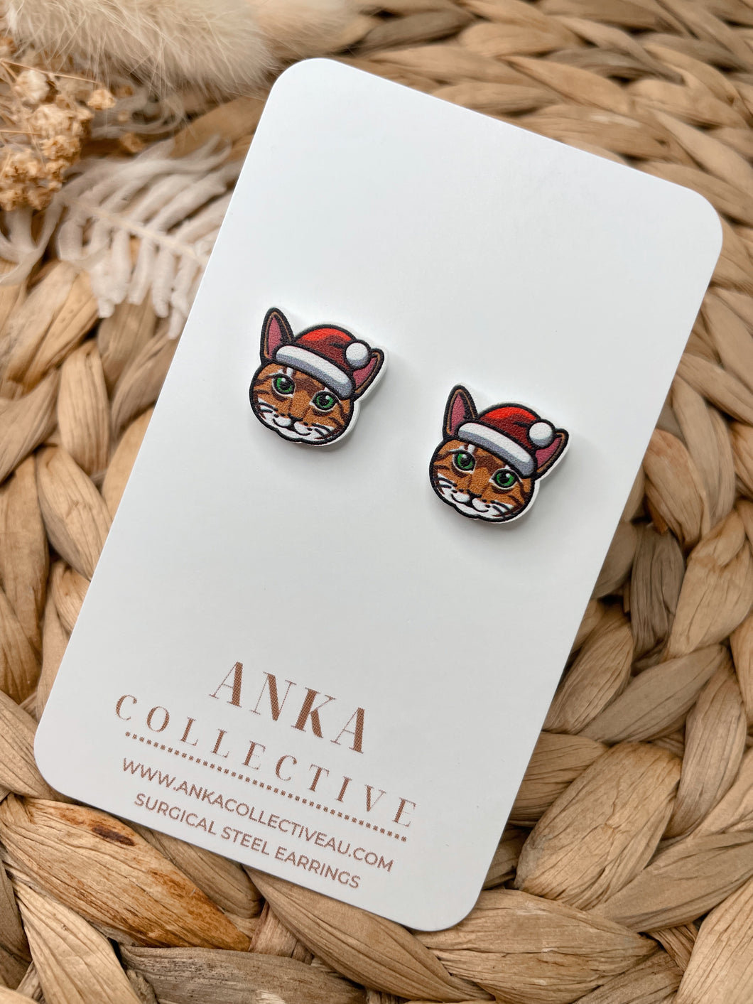 Tabby Orange Cat Stud Christmas Earrings