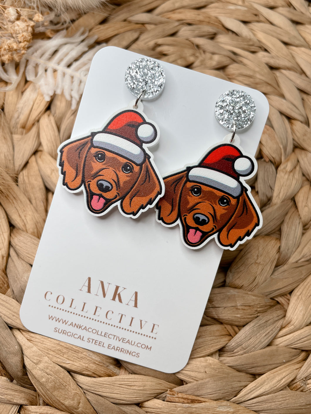 Dachshund Fluffy Brown Dangle Christmas Earrings