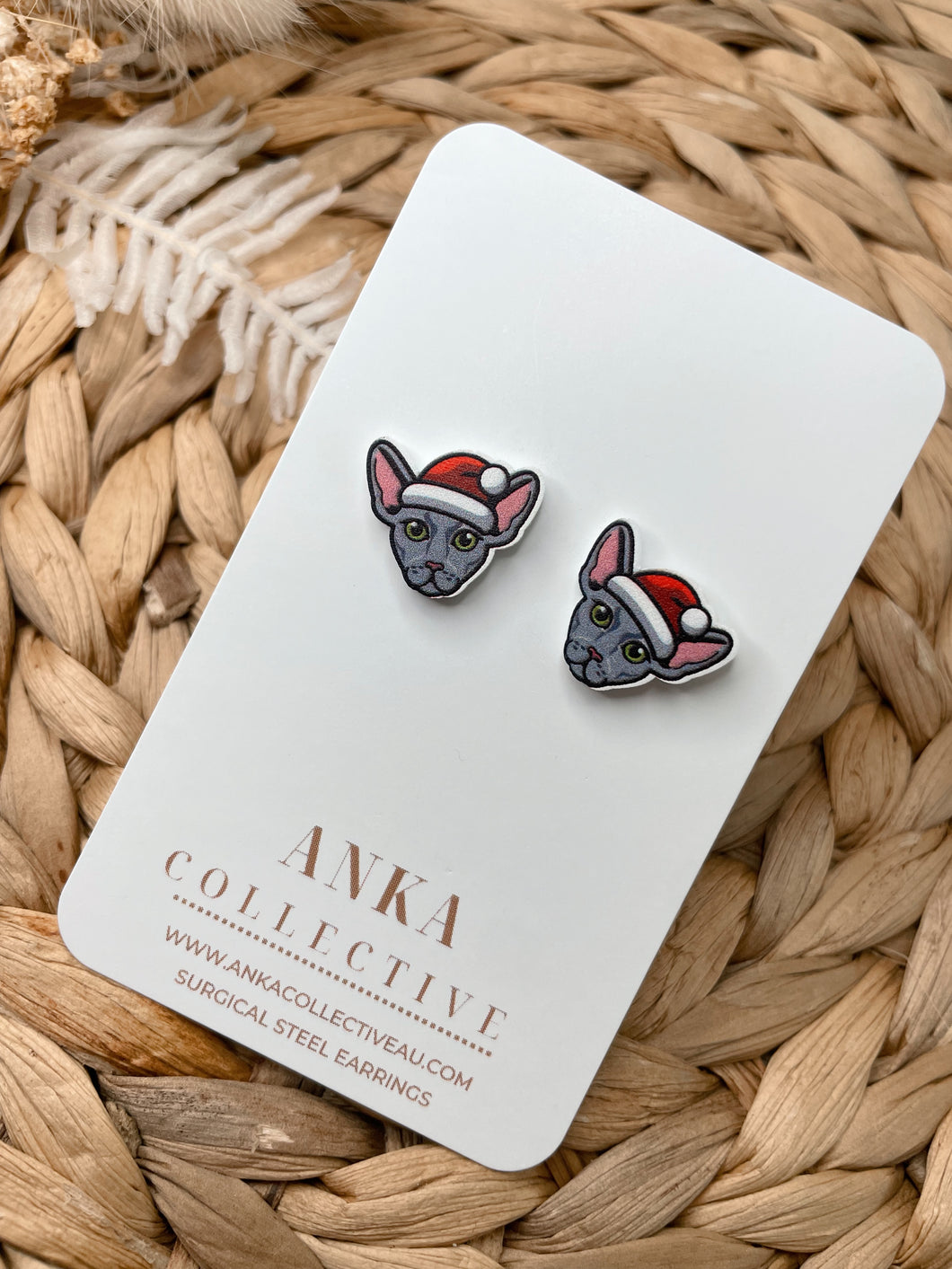 Peterbald Gray Cat Stud Christmas Earrings