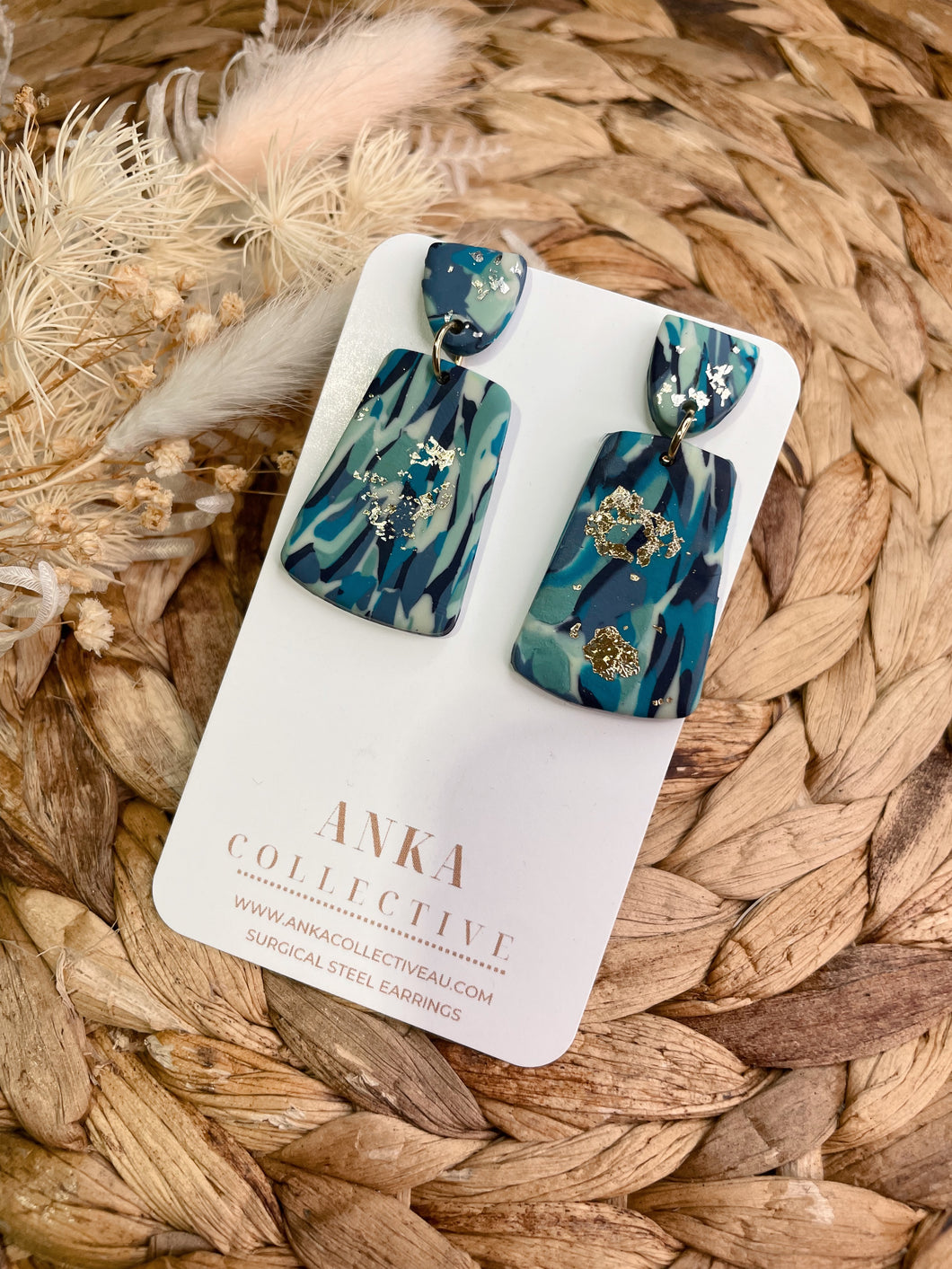 Blue Gold Leaf Statement Earrings