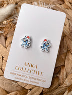 Blue Dog Christmas Stud Earrings