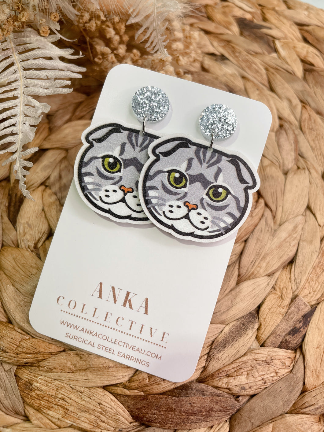 Scottish Fold Stripped Gray Cat Dangle Earrings