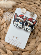 Tri Colour Cat Dangle Christmas Earrings