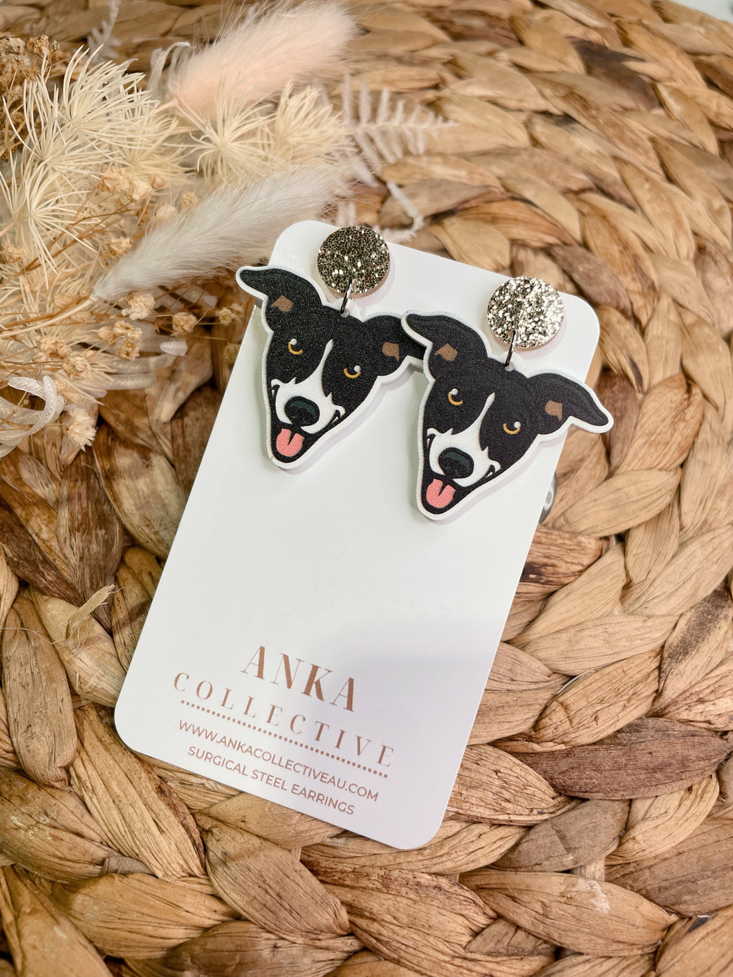 Greyhound Black and White Dangle Earrings