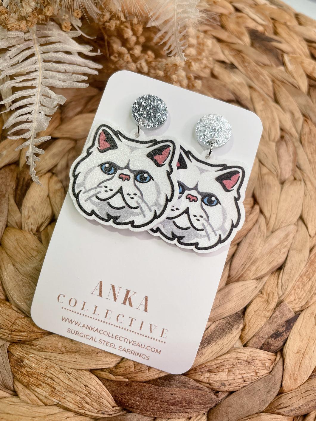 Persian White Cat Dangle Earrings