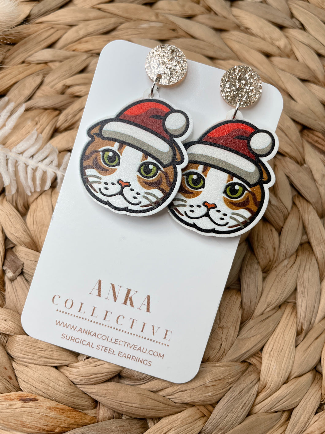 Scottish Fold Stripped Tan Cat Dangle Christmas Earrings