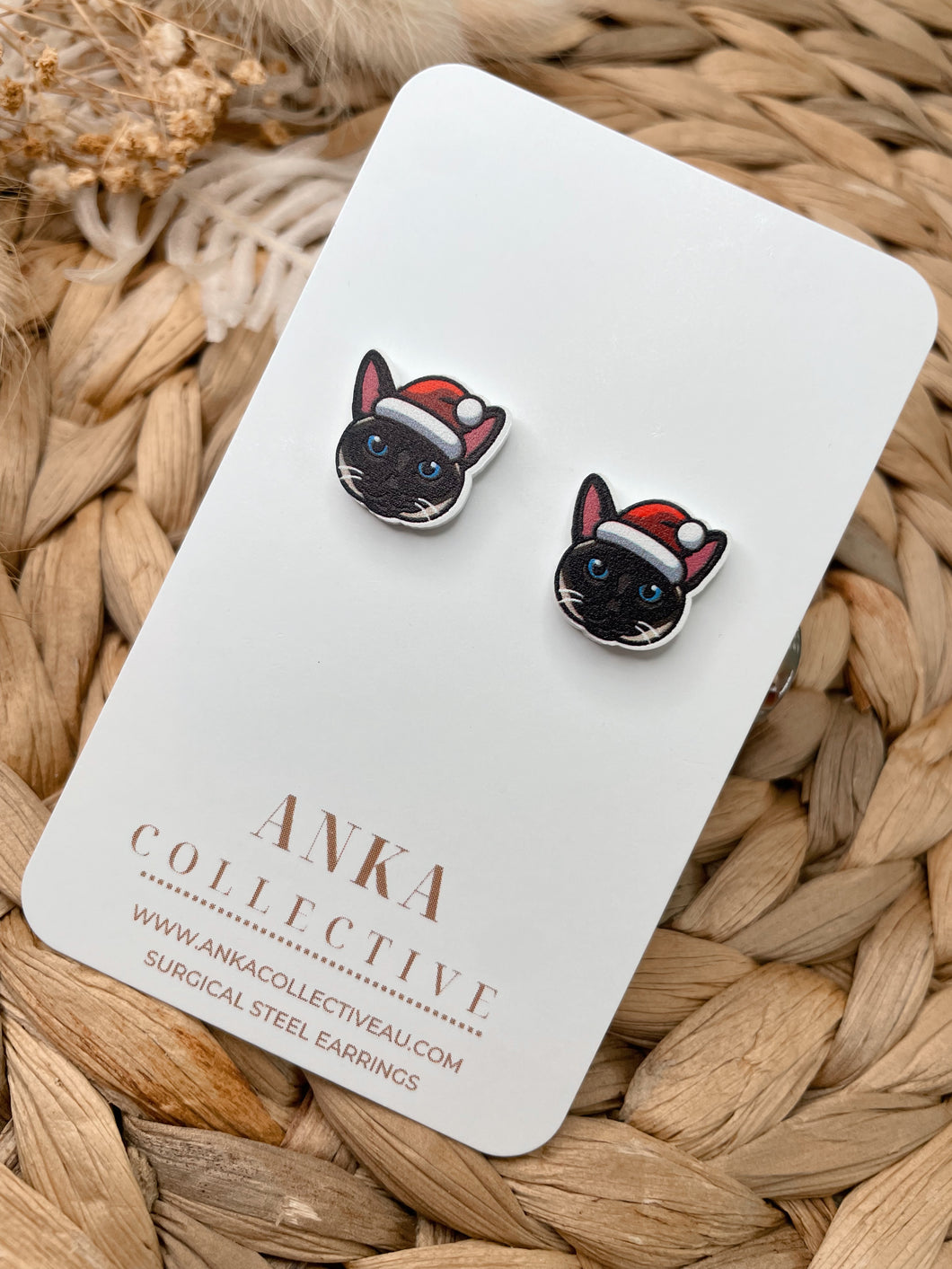 Siamese Dark Cat Stud Christmas Earrings