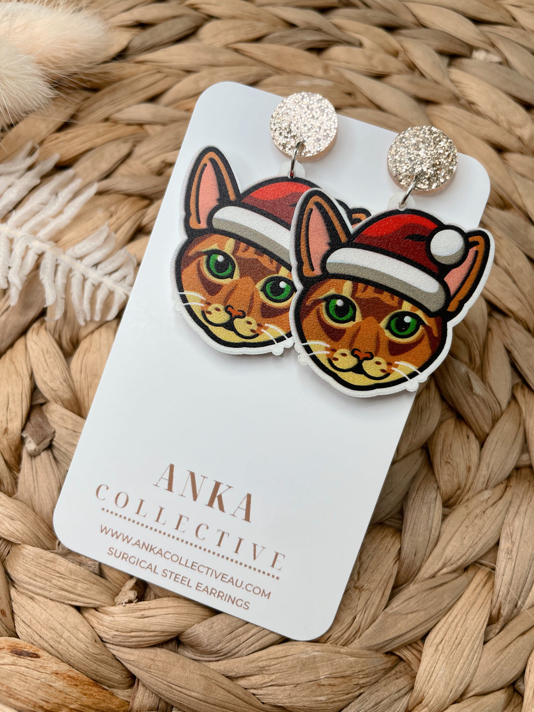 Abyssinian Green Eyes Cat Dangle Christmas Earrings