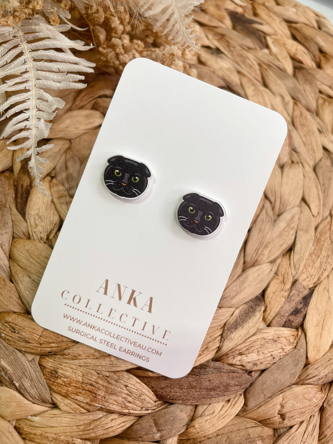 Scottish Fold Black Cat Stud Earrings