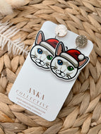 White Angora Cat Dangle Christmas Earrings