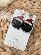 Scottish Fold Black Cat Dangle Christmas Earrings