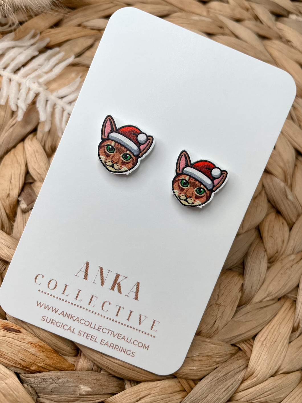 Abyssinian Green Eyes Cat Stud Christmas Earrings