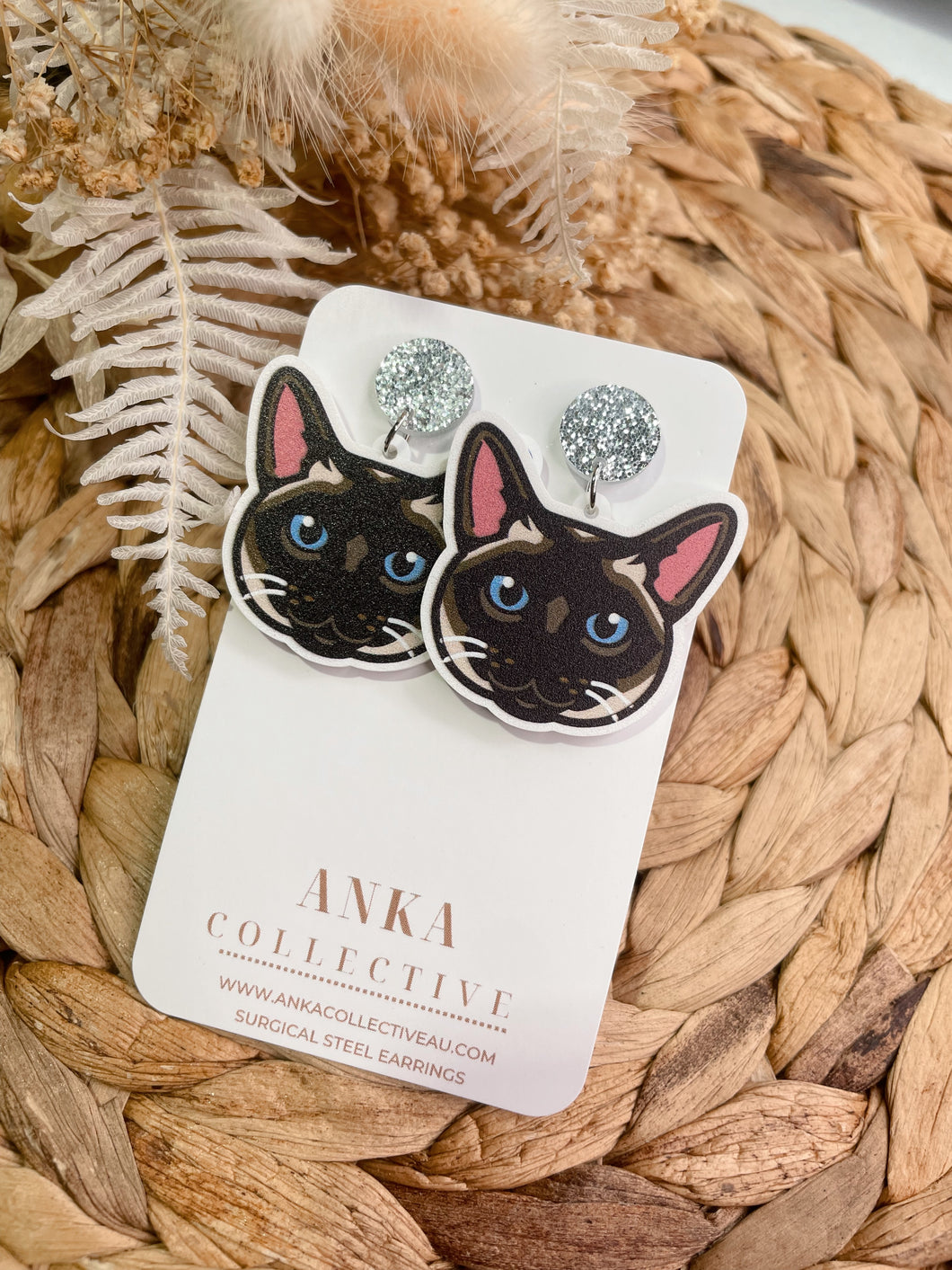 Siamese Dark Cat Dangle Earrings