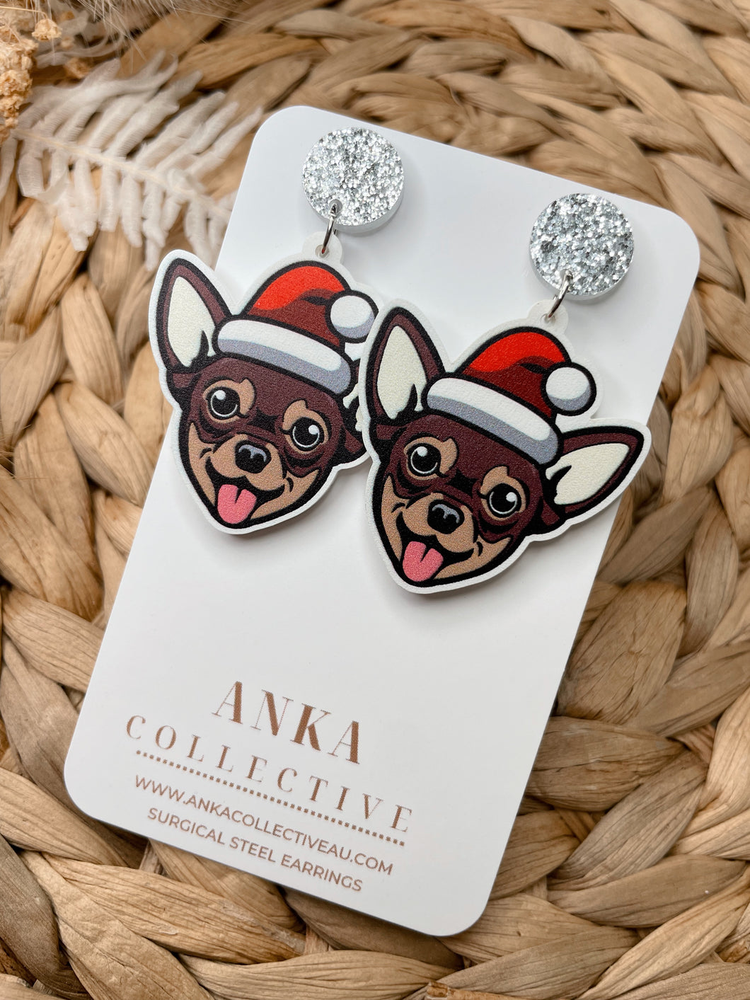 Chihuahua Brown Dangle Christmas Earrings