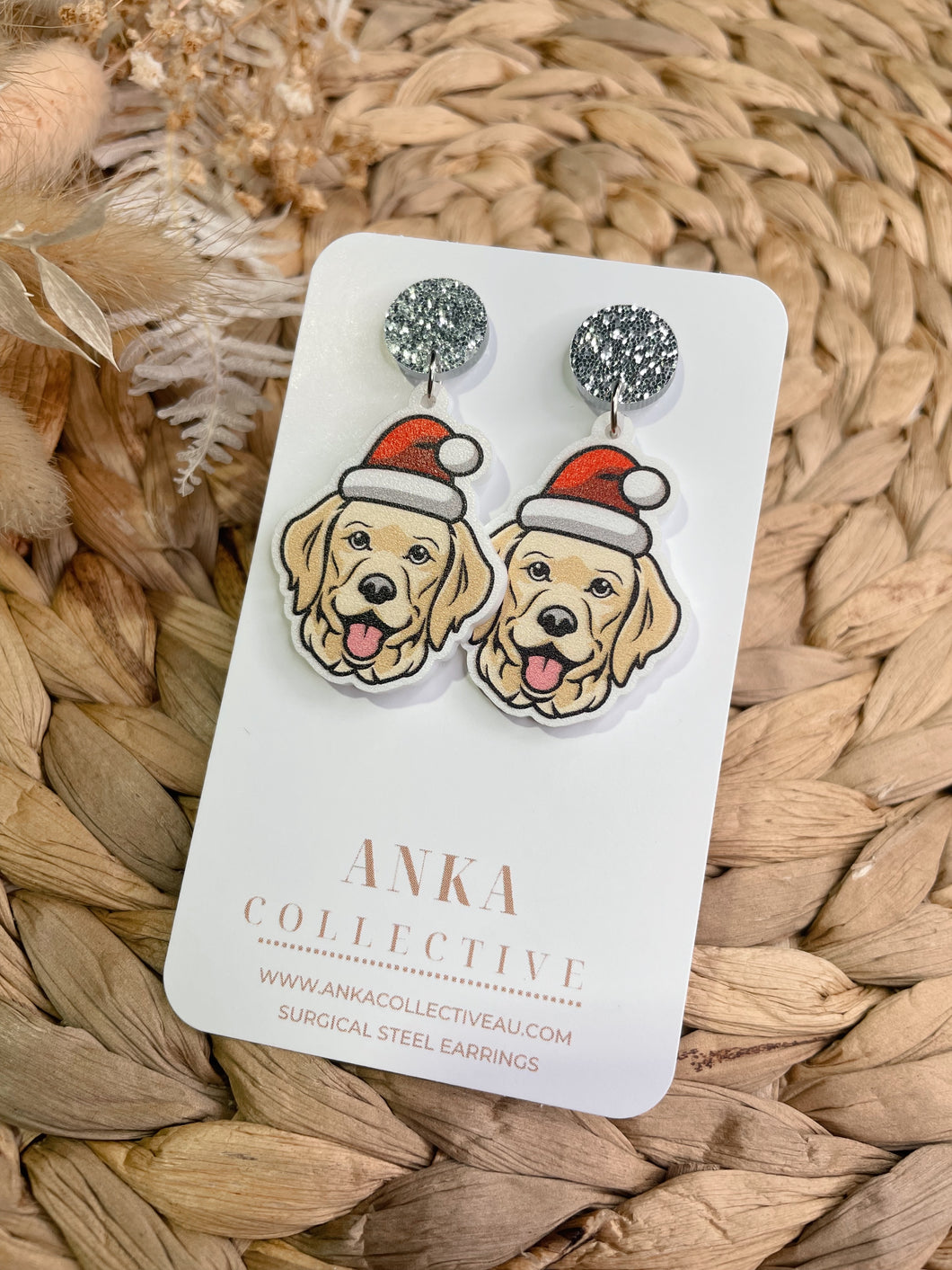 Golden Retriever Dangle Christmas Earrings