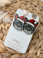 Tabby Grey Cat Dangle Christmas Earrings