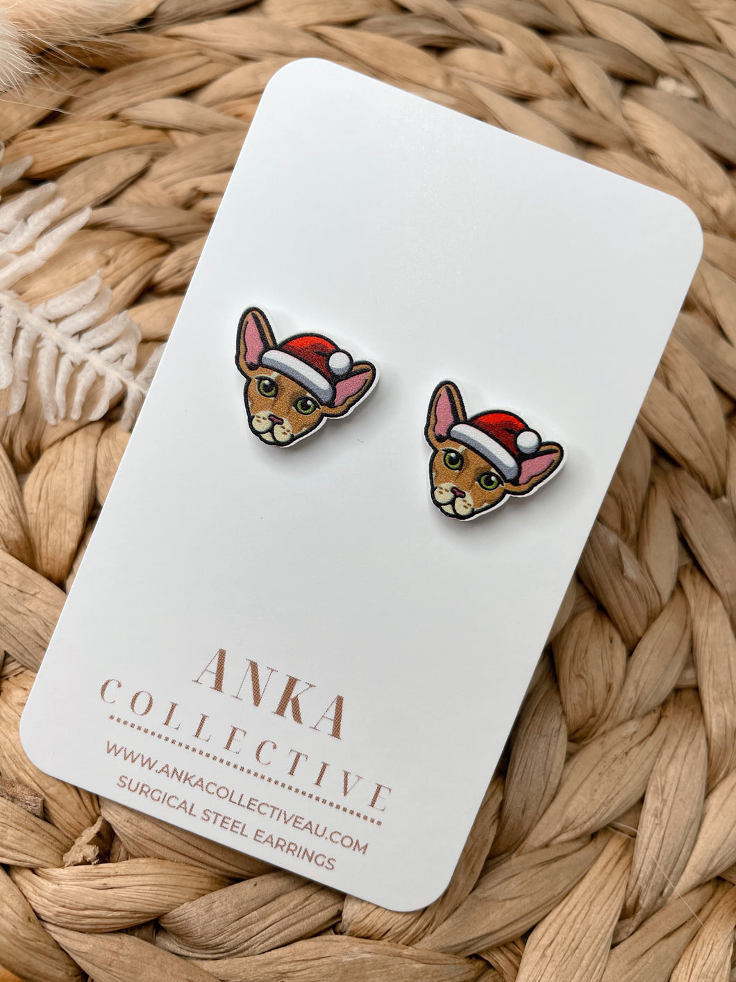 Peterbald Tan Cat Stud Christmas Earrings