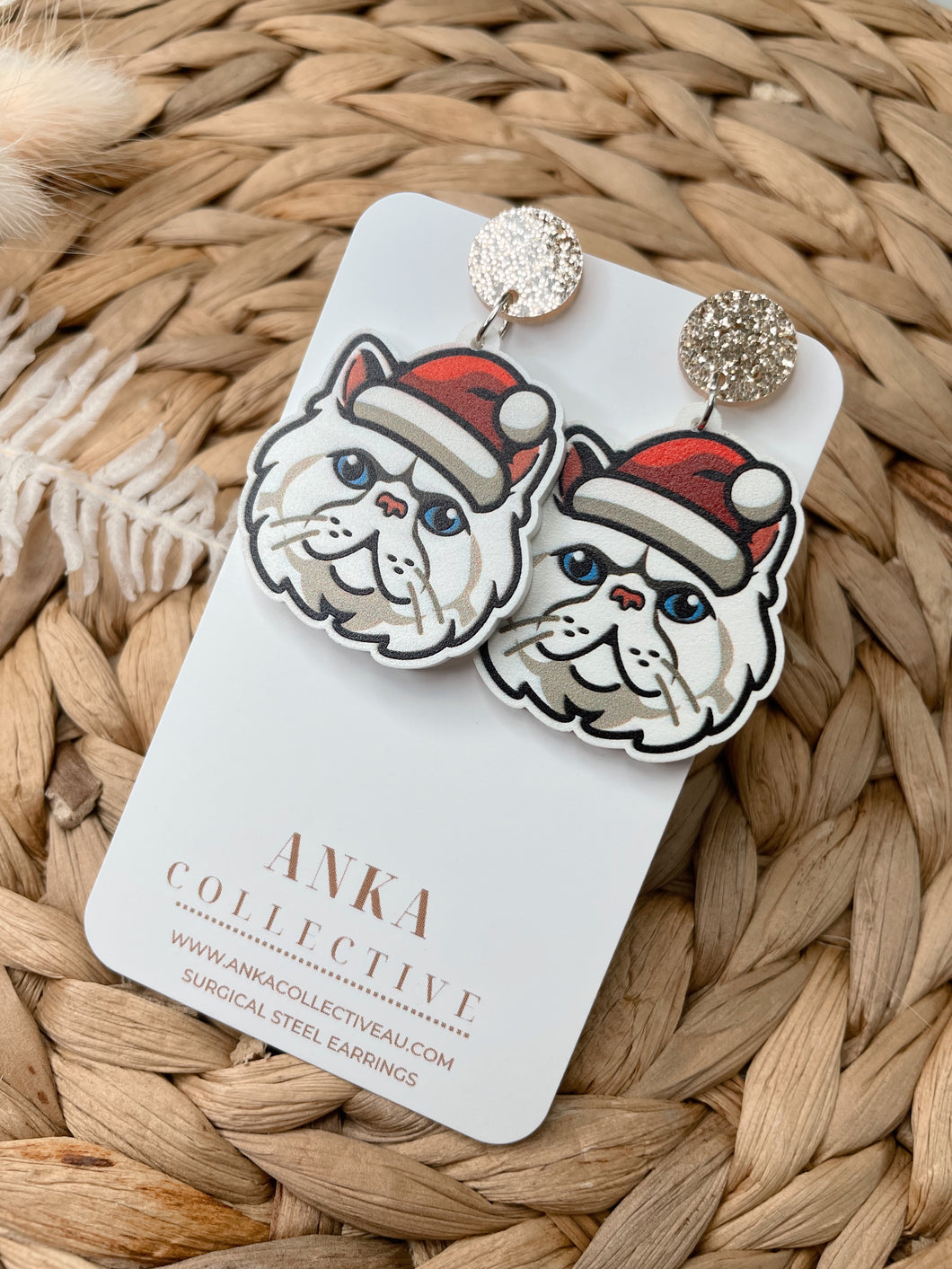 Persian White Cat Dangle Christmas Earrings