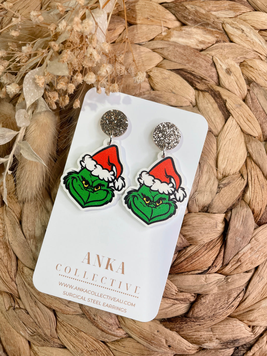 Christmas Grinch Dangle Earrings (Silver top earring instead)